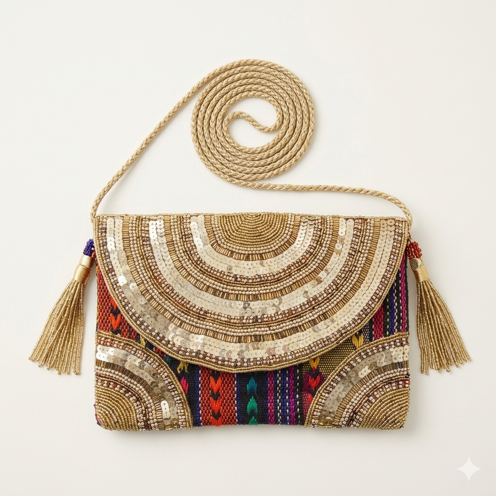 New Handmade Jute Bag - brown beige And Gold - vegan Sling Style - Crossbody